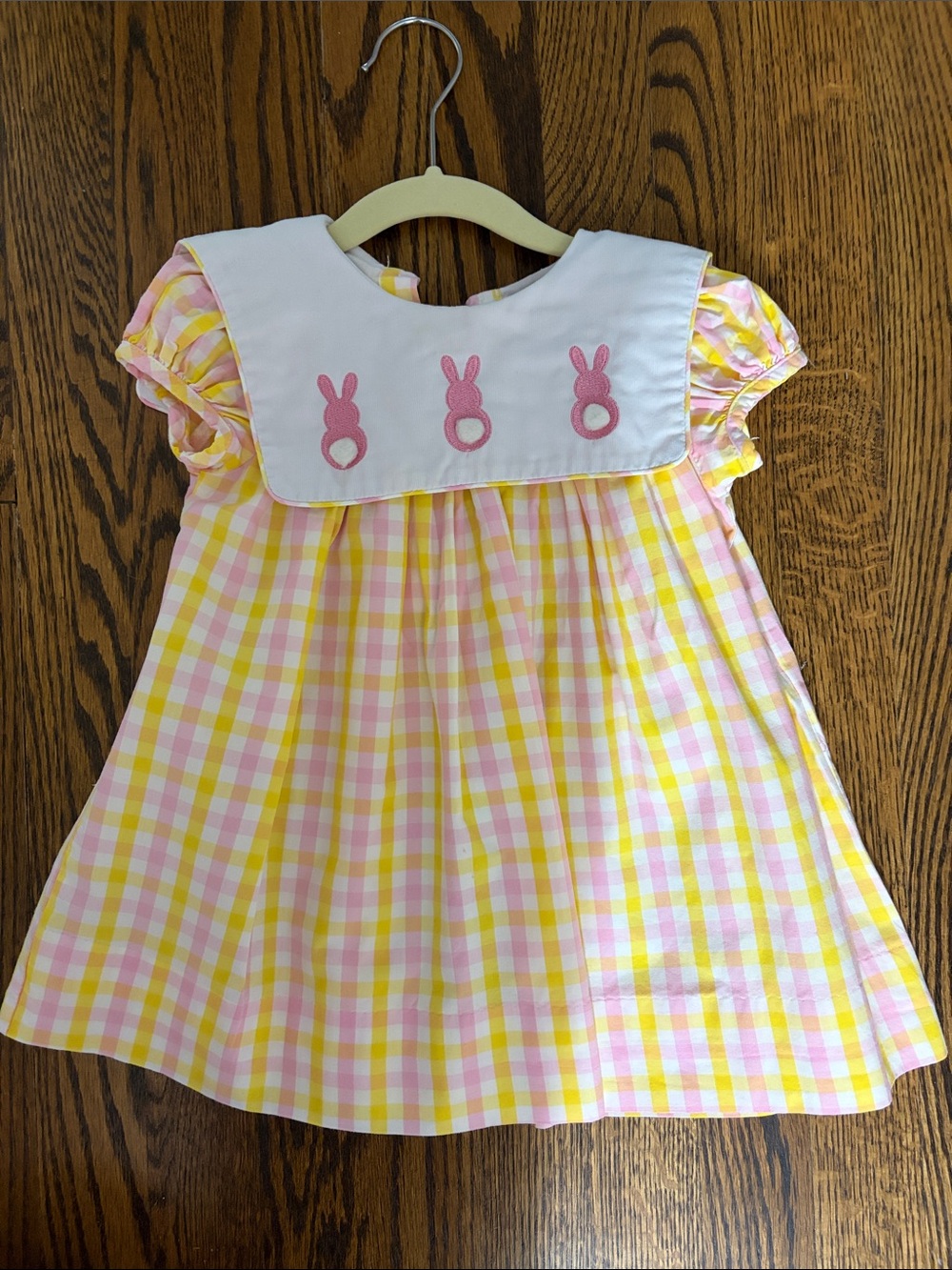 Pink and Yellow Gingham Baby Dress with Bunny Appliqués